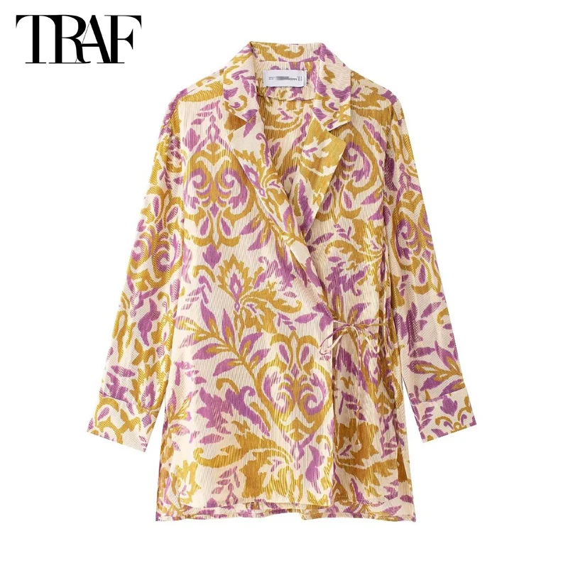 TRAF 2024 Metalic Print Blazer Women Boho Wrap Long Blazer Woman Long Sleeve Women\'s Tailoring Blazers Summer Blazers for Women