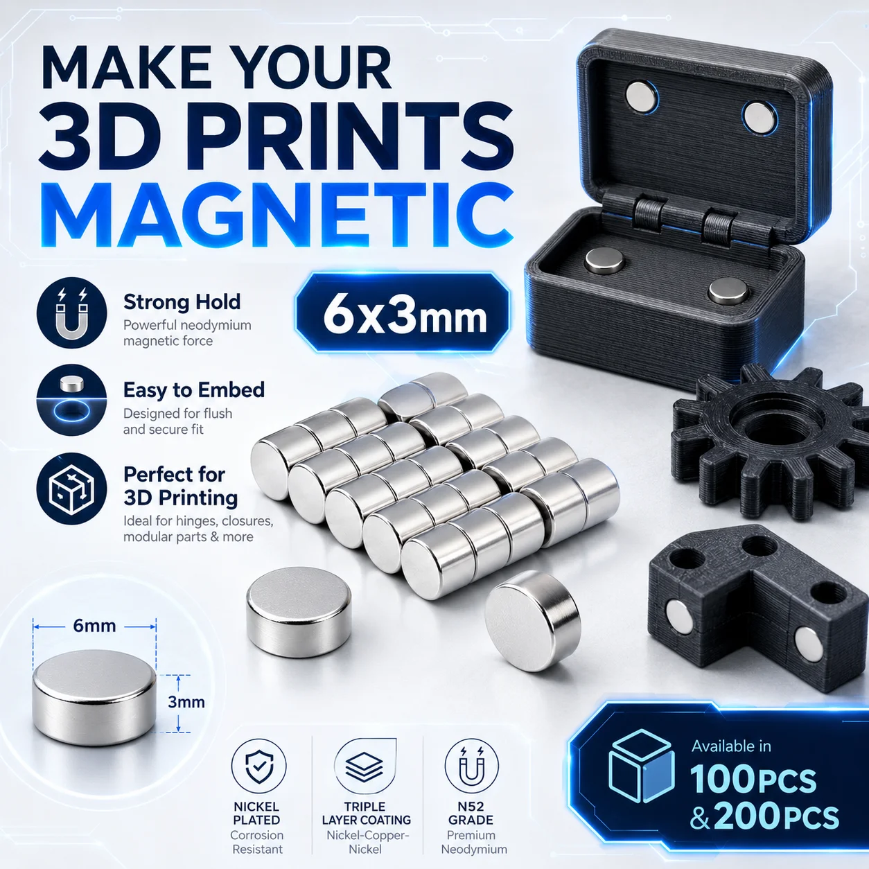 3D Printing Tool Kit, Bambu Lab 3D Printer Magnets 6x3mm, Powerful Circular Magnet, DIY Parts, Components for Creative Models