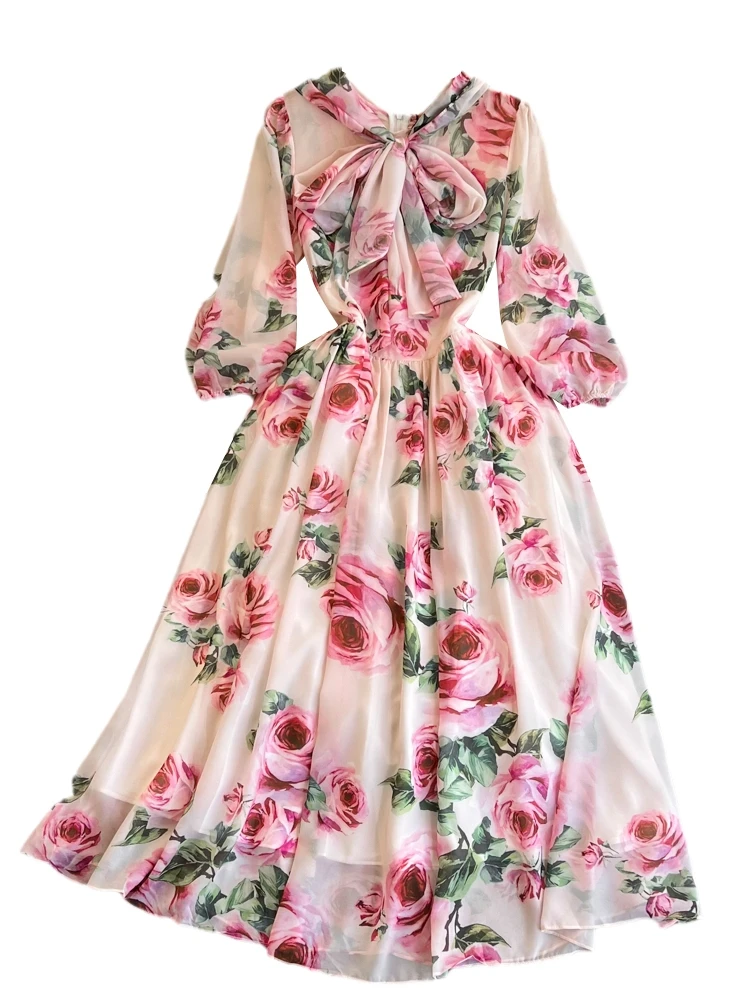 우아한 긴 소매 나비 매듭 허리 조임 슬림 A라인 프린트 맥시 스커트 쉐이핑 쉬폰 드레스 젊은 여성용