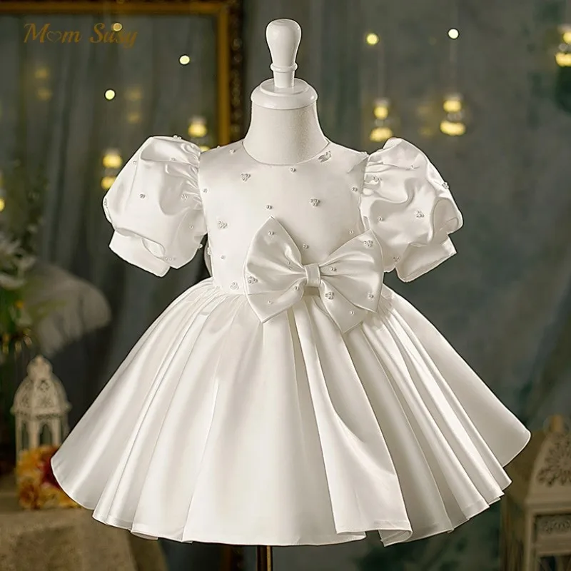 Baby Girl Princess Pearl Silk Dress Puff Sleeve Infant Toddler Child Bow Solid Vestido Wedding Birthday Party Baby Clothes 1-12Y