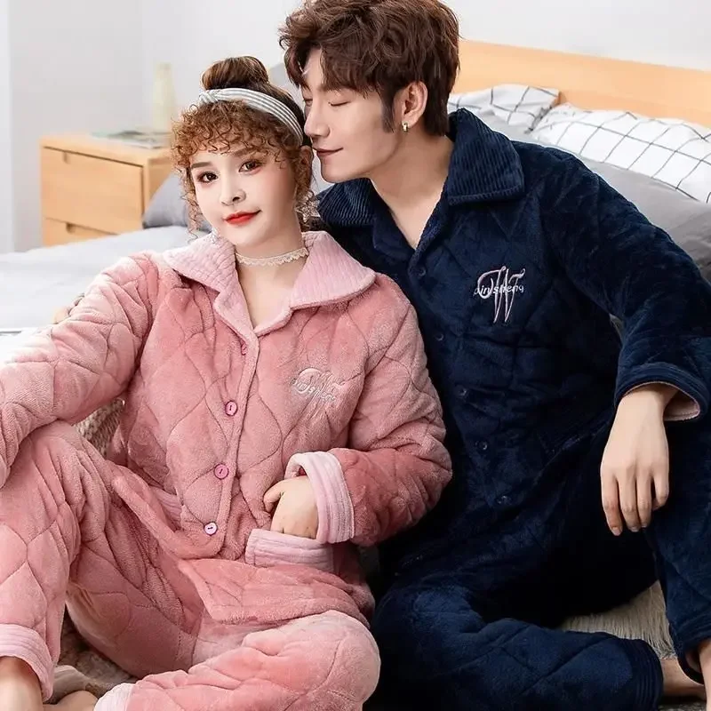 Couple Cotton Pajamas Women Men Home Sleep Clothes Winter Thickened Homewear Suit Warm Fleece Three-layer Coral Loungewear Sets