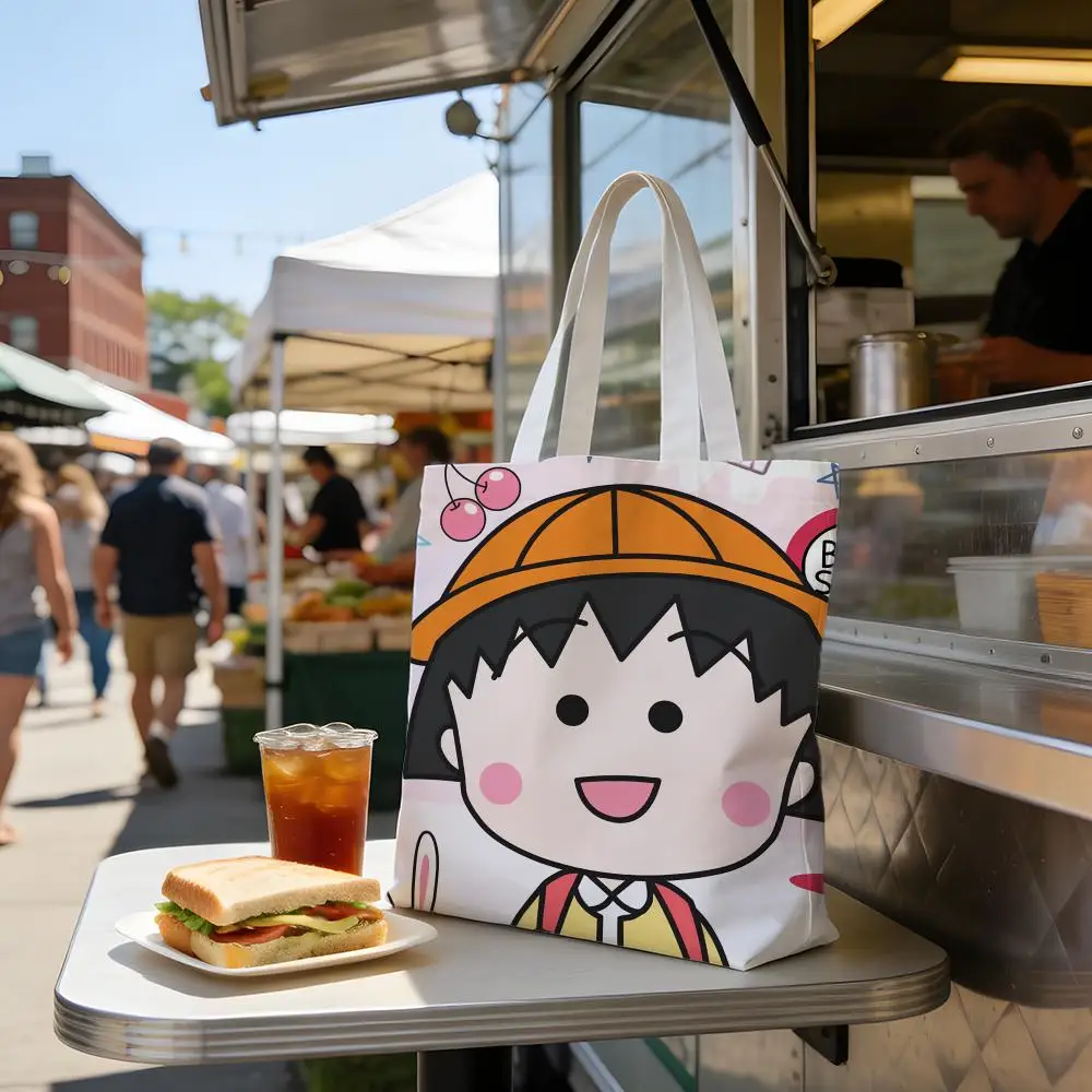 Anime C-Chibi M-Maruko-chan Storage Bags Washable Reversible Shopping Bag with White Handles, for Daily School & Market Use view 5