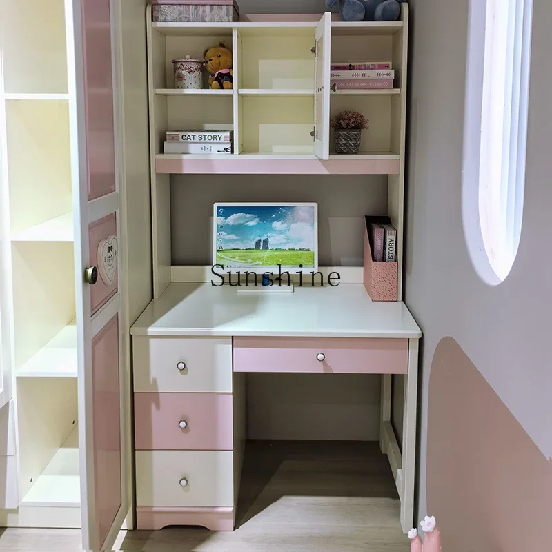 

All solid wood children's desk rack combination integrated girl pink computer desk small apartment householdX
