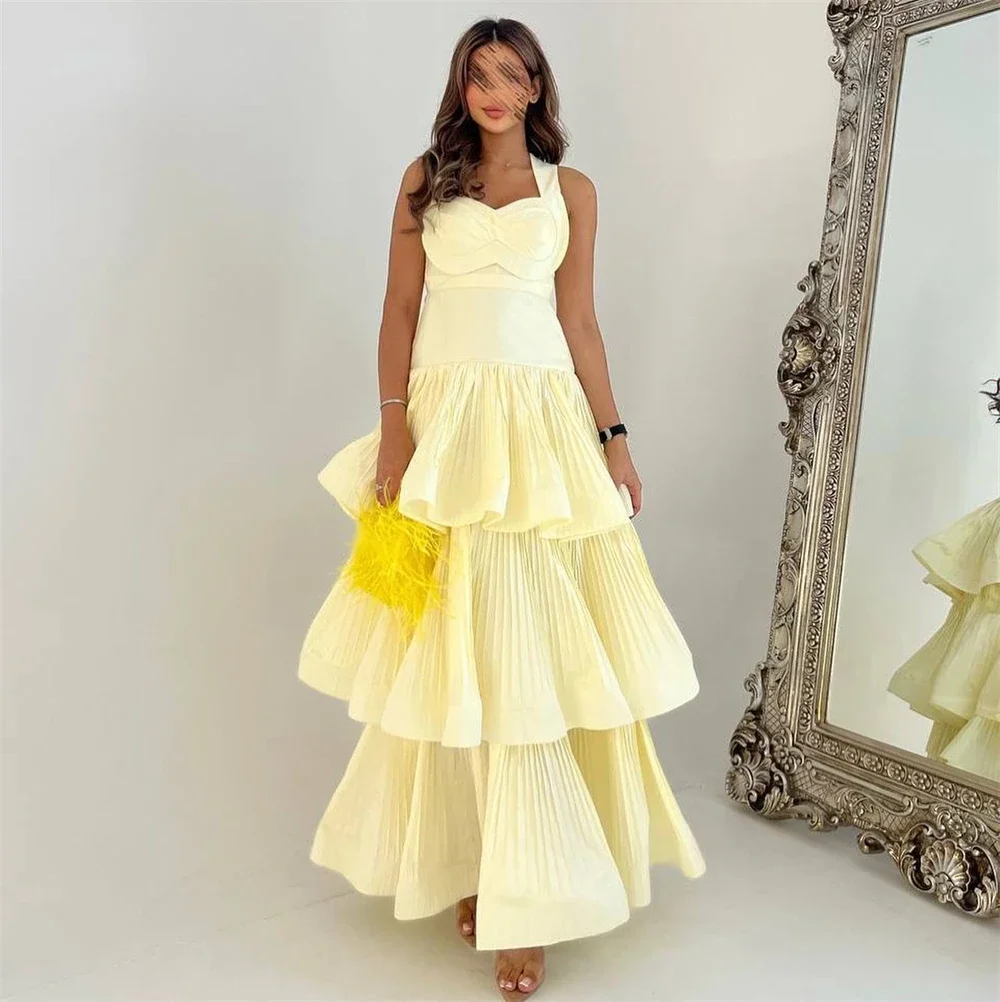 

Prom Dresses Fashion Square Collar Empire Tiered Party Dress Ankle Length Sleeveless Pleat Formal Evening Gowns جديد في فساتين