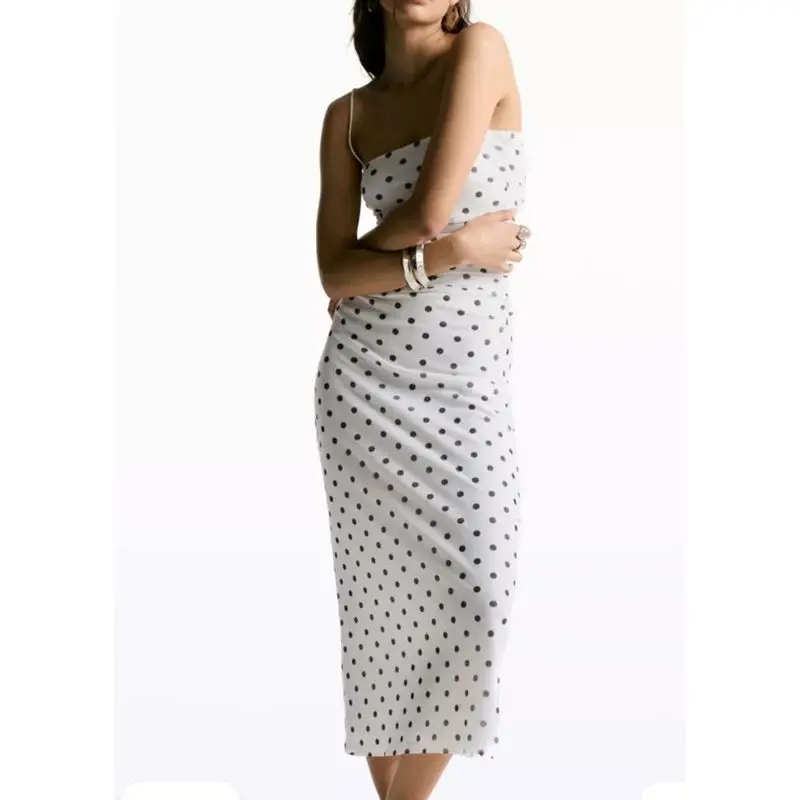 Combhasaki Abito lungo da donna estivo a pois senza maniche con scollo quadrato senza schienale in rete increspata a strati aderente aderente e aderente