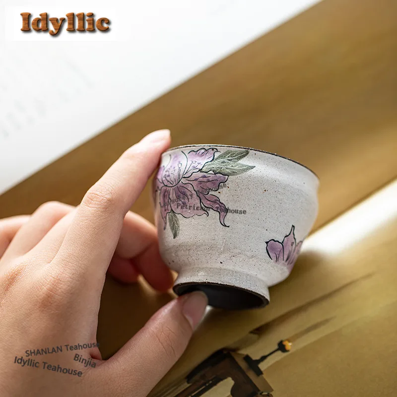 2pc/lot Hand-painted Iris Flower Teacup Boutique Tea Bowl Jug Tea-tasting Smelling Cup Jianzhan Master Cups Teaware Craft 80ml