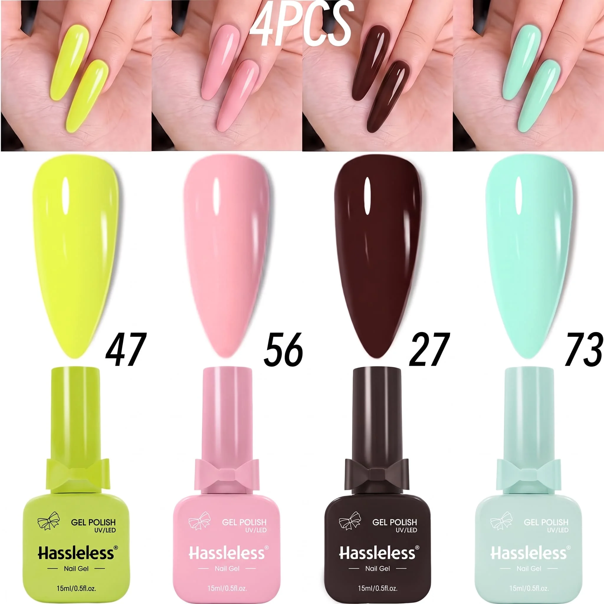 Hassleless Color-Contrasting 4-Piece Nail Gel Polish Set Fluorescent Yellow Nude Pink Deep Brown Mint Green Solid Color Nail Gel Polish Removable and Long-Lasting, Home Salon DIY Nail Art Set