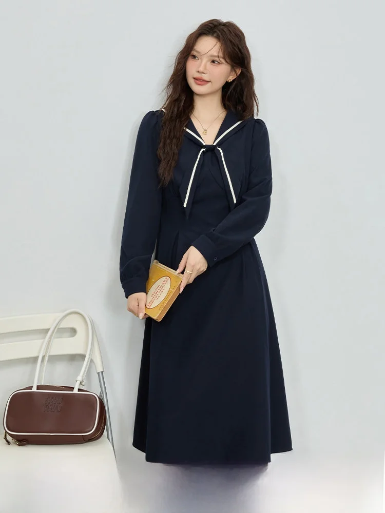 

plus Size Casual V-Neck Dress with Thin Belt Spring New Style Slimming Waist Long Skirt Polyester Fiber Commute Style Long Sl...