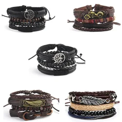 Multilayer Bracelets Vintage Beads Braided Wrap Leather Bracelets For Men Vintage Life Tree Rudder Charm Wood Beads