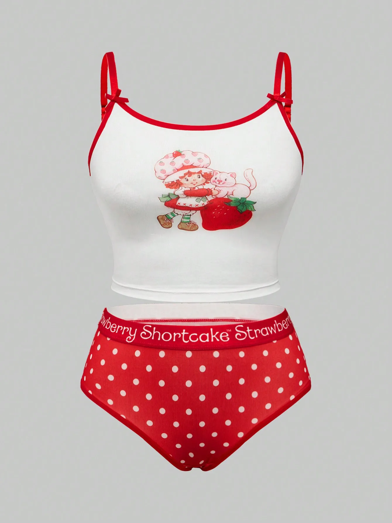 White Crop Top with Fruit Graphic Print and Red Polka Dot Brief Set