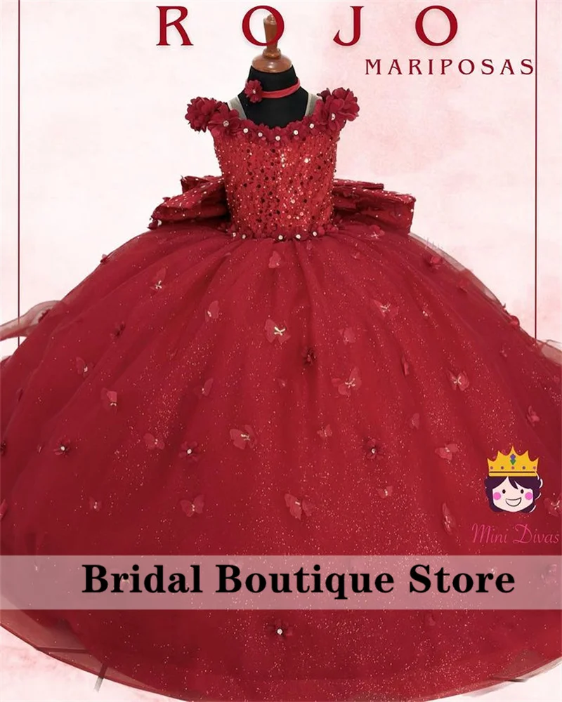 

Luxury 2024 Red Flower Girls Dress With Big Bow Beading Ball Gown Flowers Butterfly Applique Crystals Baby Birthday Party Gown