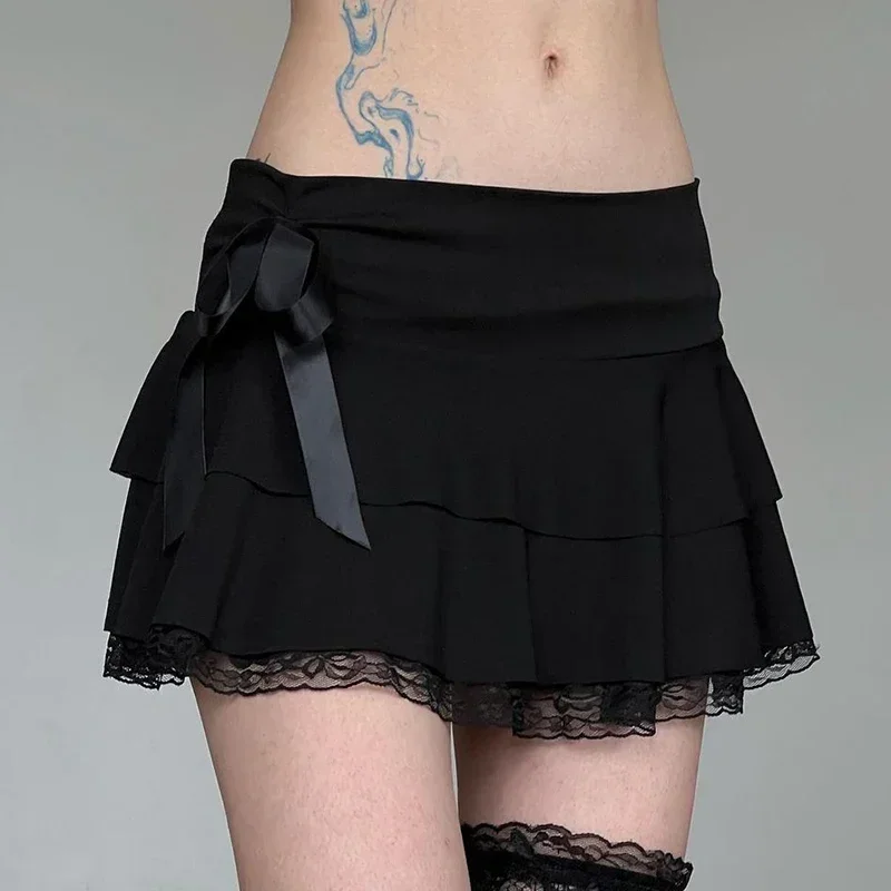 

Dark Academia Lace A-line Mini Skirt Black Low Waisted Bow Stitching Short Skirts Y2K Gothic Cute Bottoms Streetwear