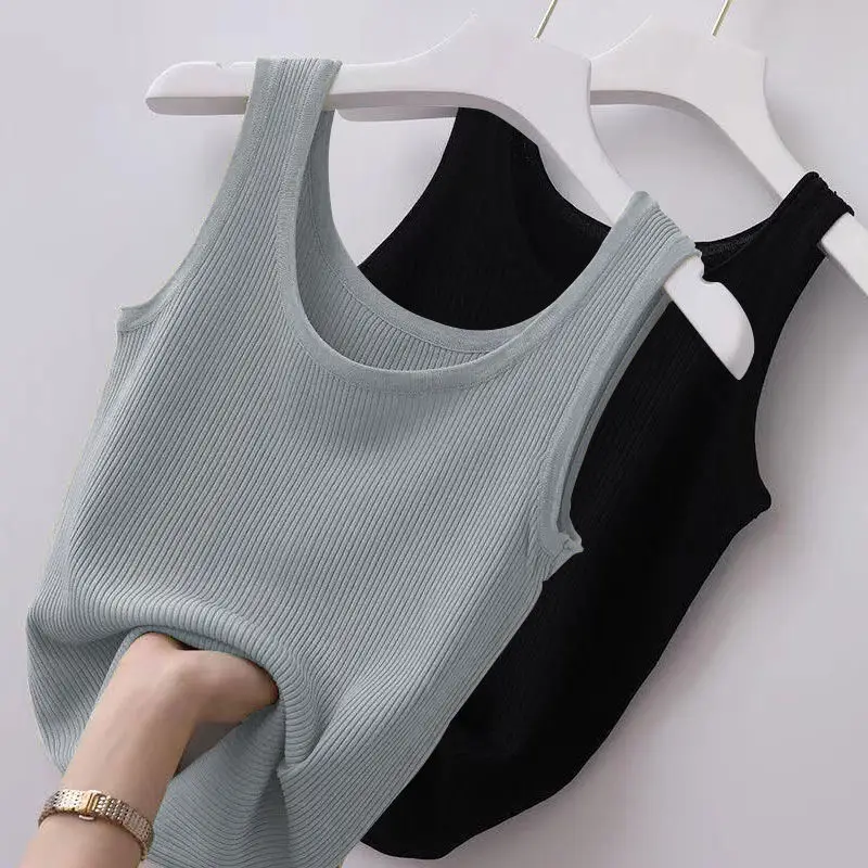 Ribbed Ice Silk Tank Top, Sleeveless Stretchy U Neck Tank Top for Daily Casual Layering