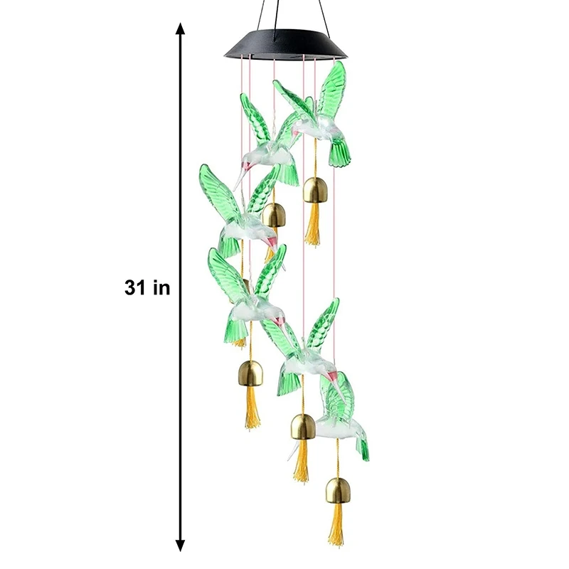 2 Pcs Solar bird Wind Chimes Outdoor,LED Color Changing Solar Wind Chime with 6 Bells,Solar Lights Garden