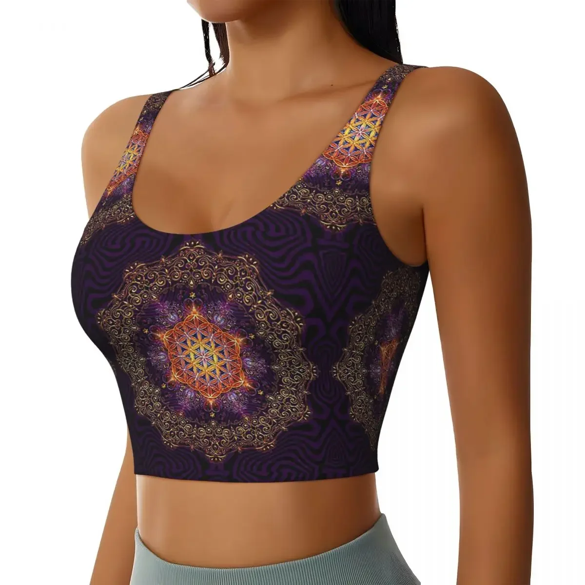 Custom Flower Of Life Golden Lace Mandala Women Sports Bra High Impact Vest Gym Workout Yoga Crop Tank Top