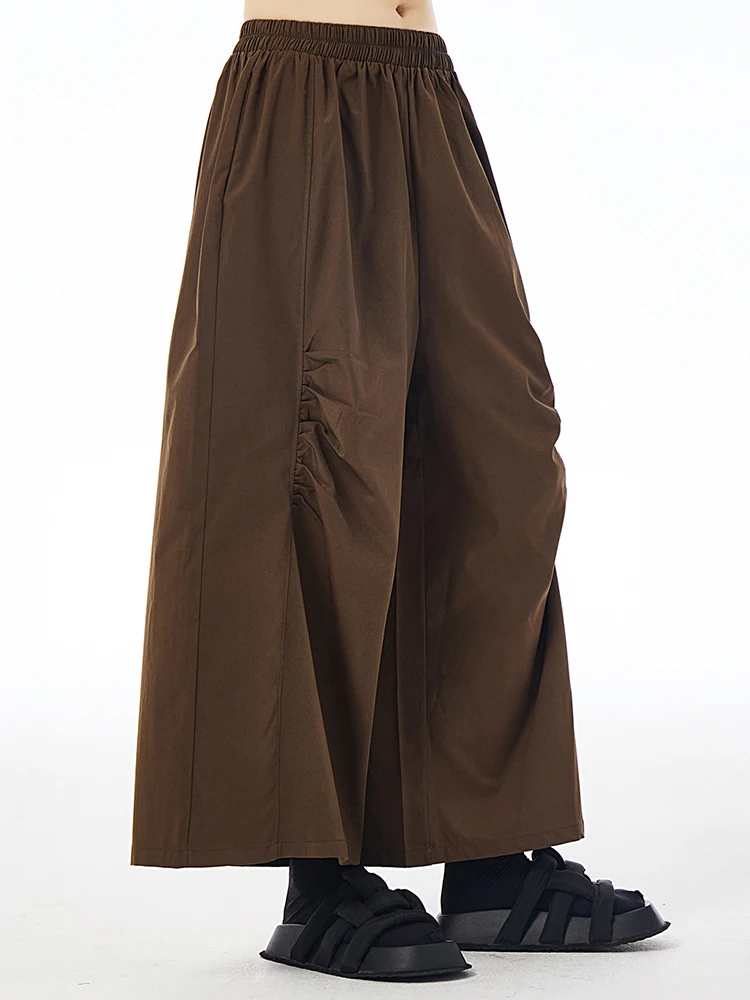 [EAM] pantalones largos de pierna ancha con bolsillo plisado café de cintura alta elástica nuevos pantalones de moda para mujer tendencia primavera otoño 2024 1DH7421