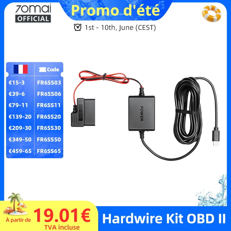 Kit de câblage rigide réglable 70mai OBD II Interface Type-C Plug & Play Kit OBD 70mai Surveillance de stationnement 24H pour caméras embarquées 70mai