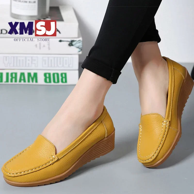 

Women Shoes 2024 New Leather Flat Shoes Slip On Women Loafers With Wedge Heels Casual Flats Zapatos Mujeres Moccasins Female