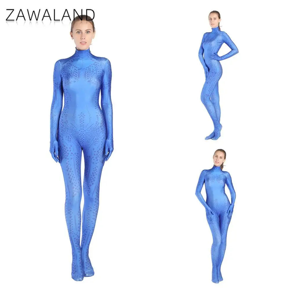 

Zawaland Blue Scale Full Bodysuit Women's Mutant Cosplay Zentai Suit Halloween Comic Con Costume Girl Performance Leotard Suit
