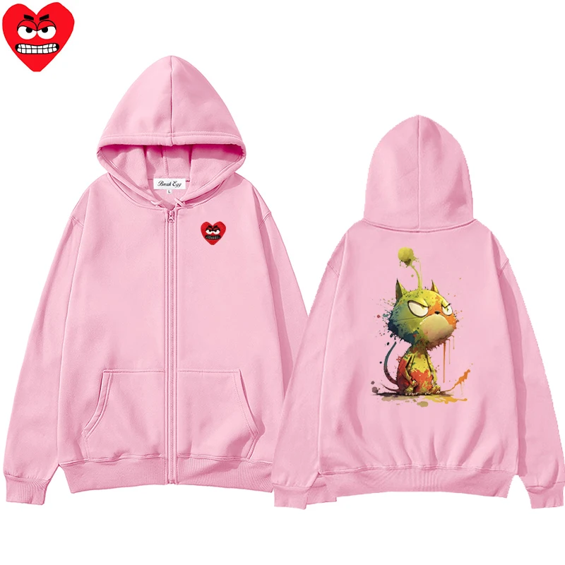 Angry Cat Cute Colorful  Printing Men Women Zipper Hoodie Cool  Snag Heart Embroidery Polyester Pocket Loose Thin Autumn Sweater