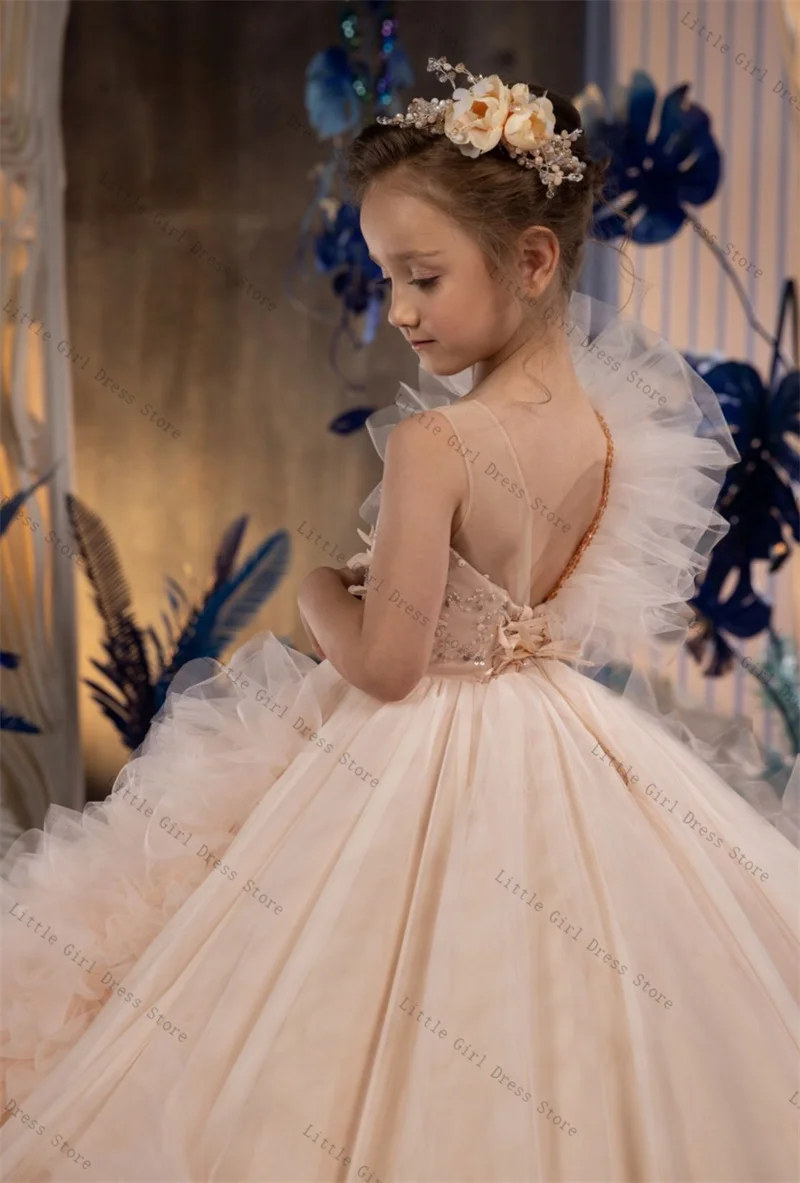 Beige Princess Flower Girl Dress Sexy Sleeveless Tiered Tulle Stone Wedding Gown Kids Birthday Party Pageant Ball Gown Dresses