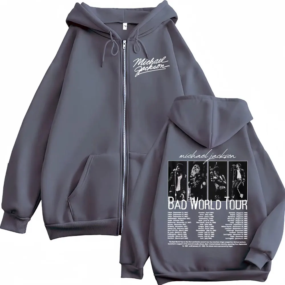 King of Pop Michael Jackson Bad World Tour Zip Up Hoodies Men Women Casual Fleece Sweatshirts Jacket Hip Hop Zipper Hooded Coats