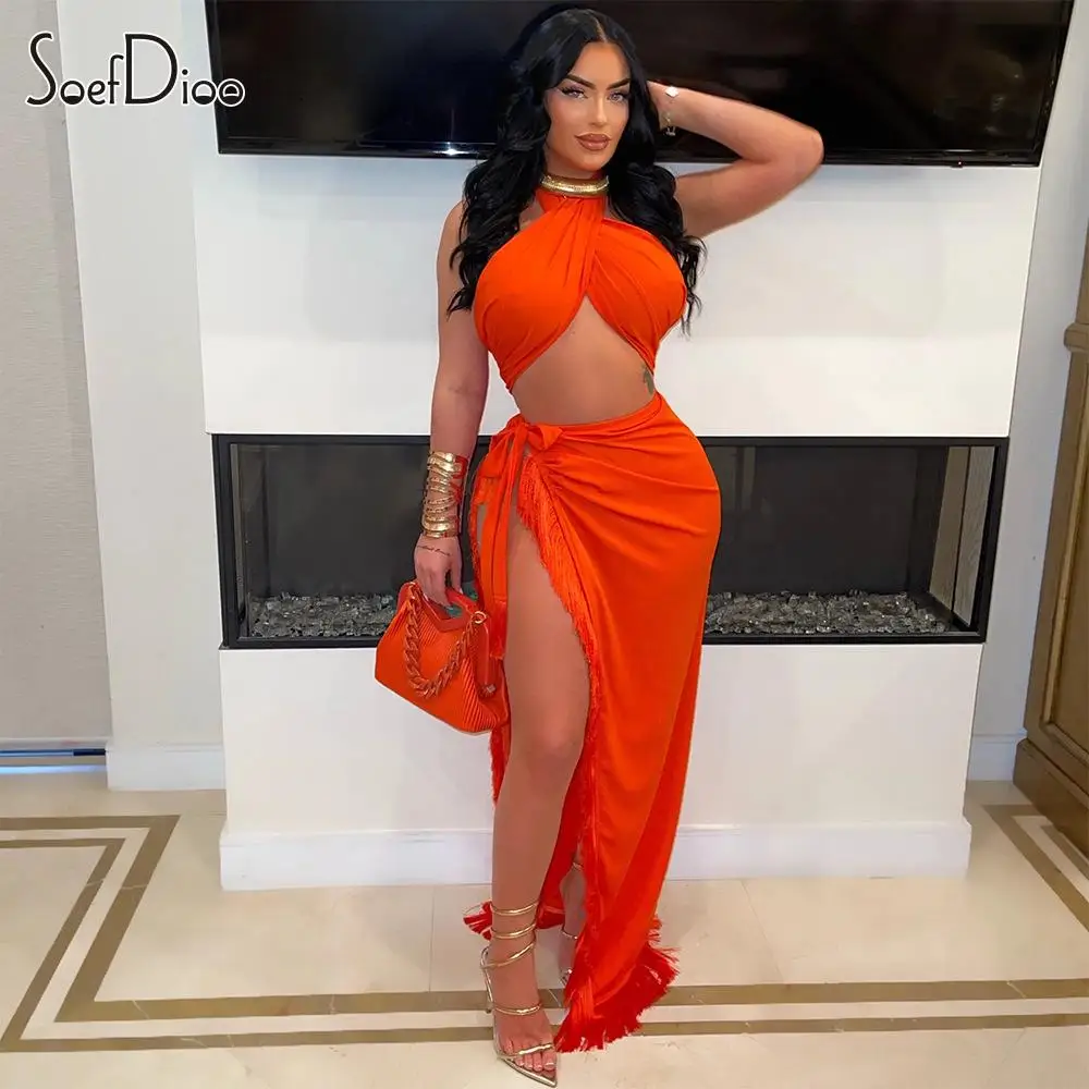 Soefdioo Solid Bandage Two Piece Sets Women Sexy Wrap Chest Crop Tops and Tassels Split Maxi Skirts Match Elegant Baddie Outfits