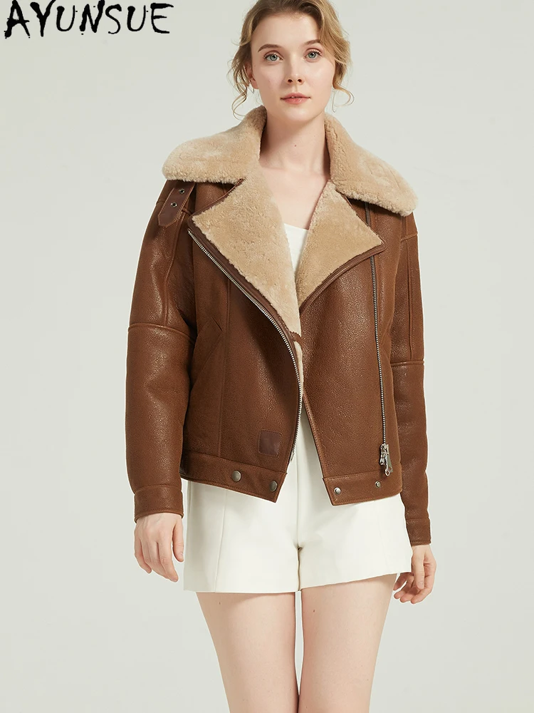 Ayunsue jaqueta de couro real de pele de carneiro feminina casaco de pele natural à prova de frio jaquetas de motocicleta mulher roupas de inverno 2025 streetwear