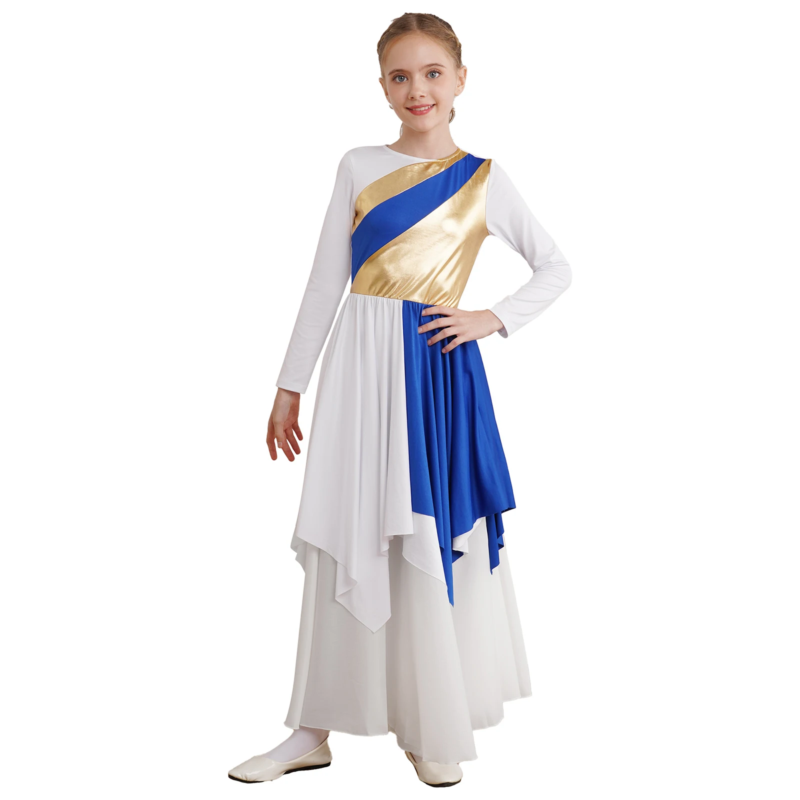 

Kids Girls Praise Lyrical Dance Dress Long Sleeve Shiny Metallic Contrast Asymmetrical Skirt Dress Worship Performance Costumes