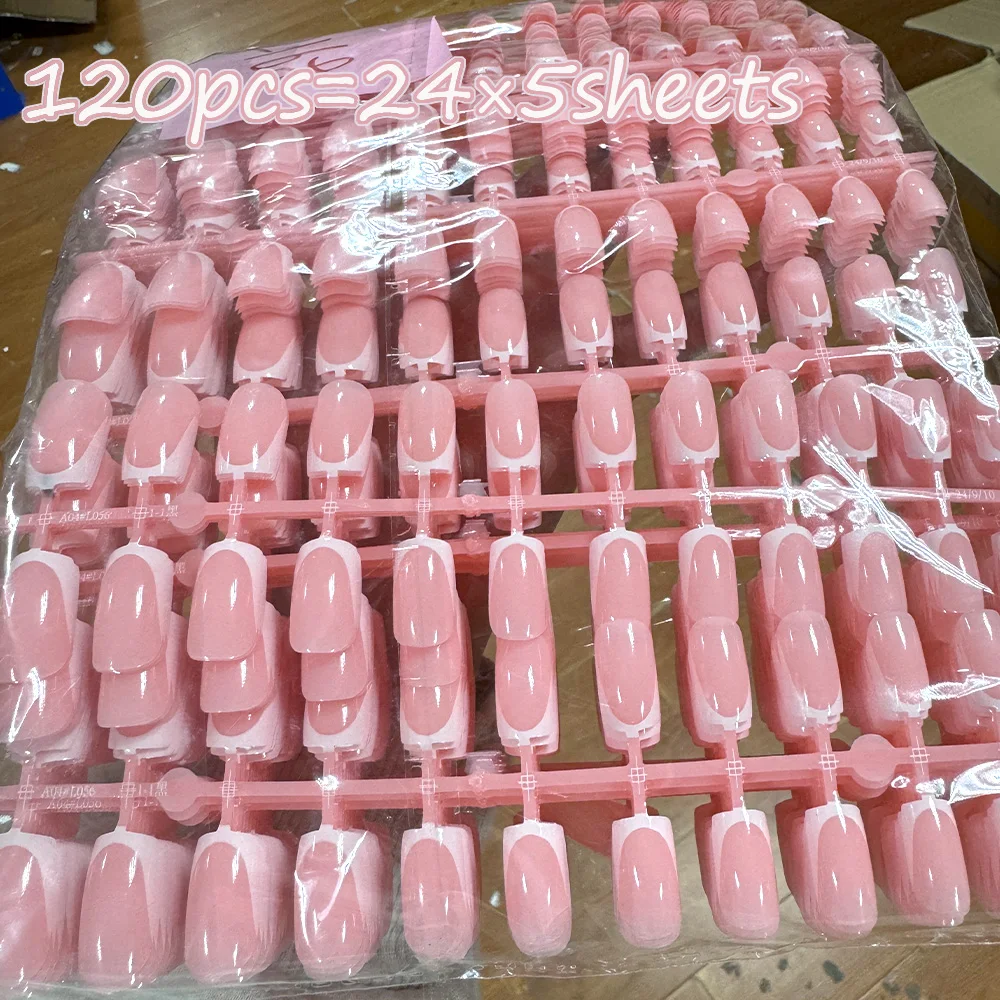 120Pcs=24*5 French Short Square Coffin False Nail White Pink Simple Wearable Fake Nails Glossy Full Cover Press on Nail Tips Art