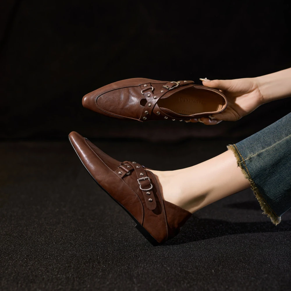 

Spring and summer genuine leather pointed single shoes for women, black low heeled work professional loafers ladies shoes luxury