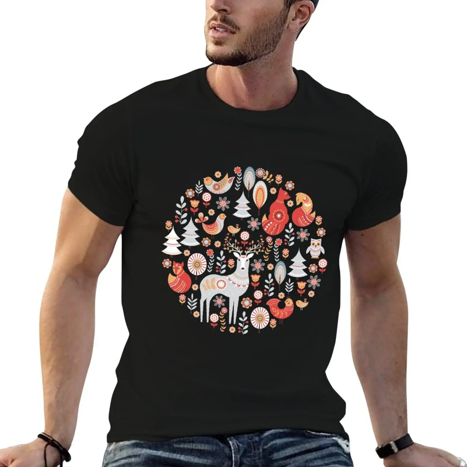 

Fairy-tale forest. Foxes, deer, birds, owls, flowers and herbs on a blue background. T-Shirt funny t shirts dark humor T-Shirt