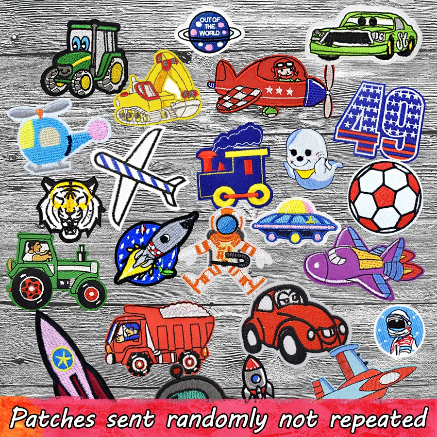 Random Boy Patches for Clothing Mixed Cartoon Car Aircraft Animal Applique Patch Iron on Embroidered DIY Clothes Sew Accessories