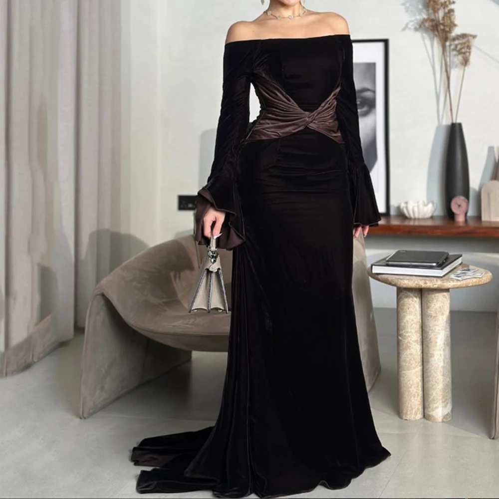 Customized Brown Velour Mermaid Evening Dress Boat Neck With Sweep Train Party Gown Full Sleeves Floor Length Prom Dress Elegant