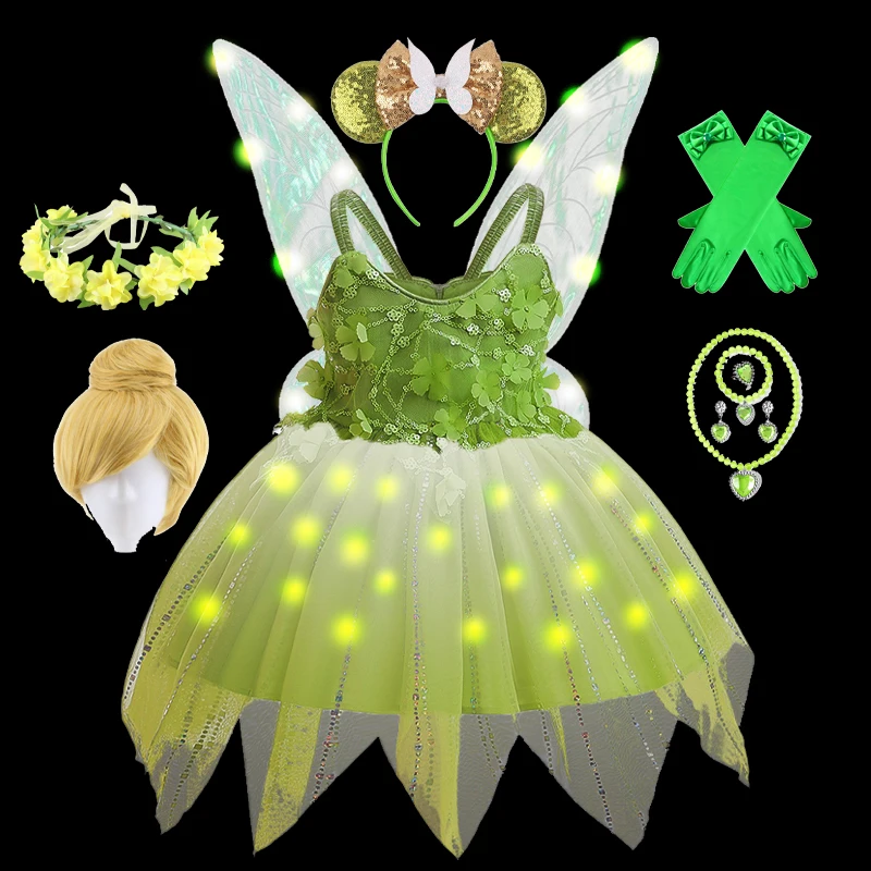 Tinkerbell Dresses LED Light Up for Girls Costume Kids Fairy Cosplay Flower Fairy Princess Clothes Christmas Party Outfit