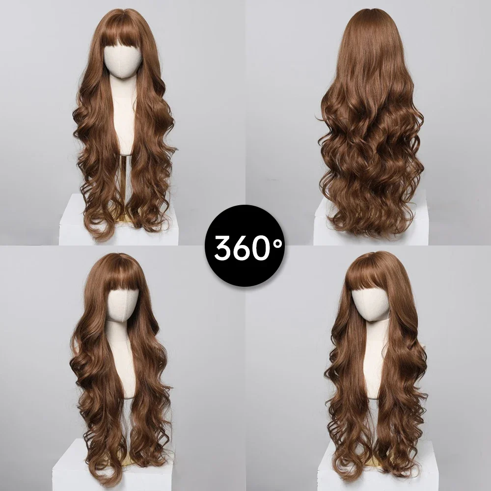 Super Long Golden Brown Wavy Synthetic Bangs for Women Daily Cosplay Party Natural Heat Resistant Hair Wig