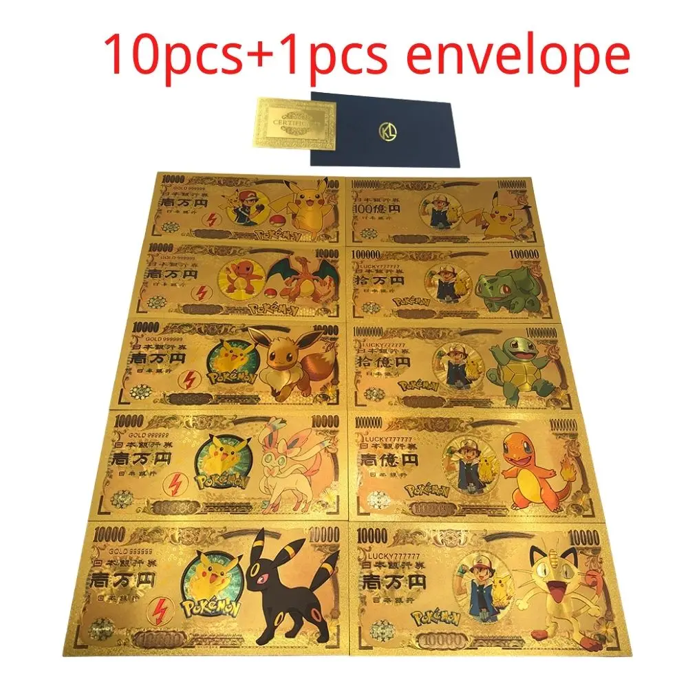 7-20pcs Pokemon CARDS Pikachu Pokeball gold banknote 10000 Yen Gold plastic Banknote for classic childhood m