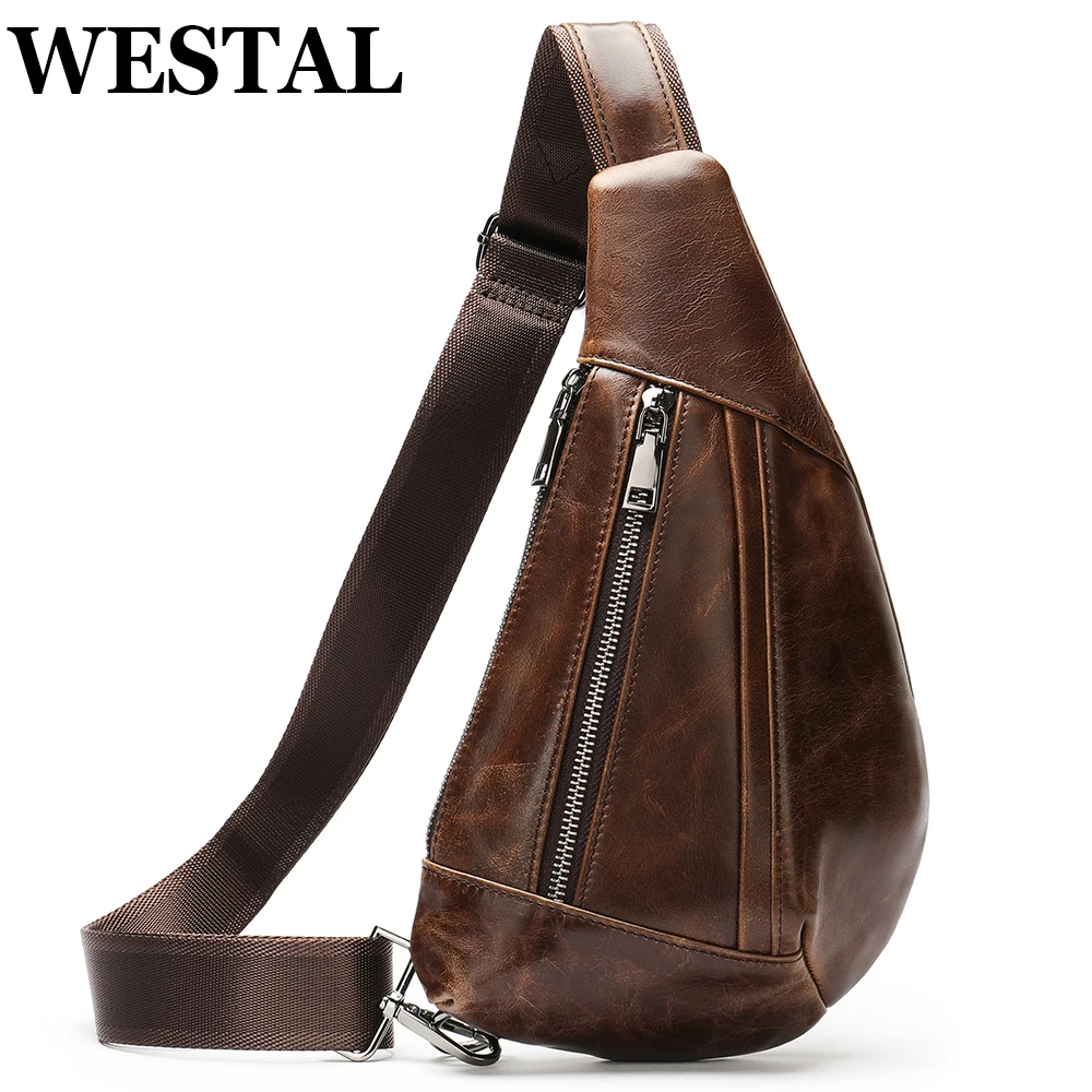 WESTAL-Bolso de hombro de cuero genuino para hombre, bandolera pequeña con cinturón, lateral