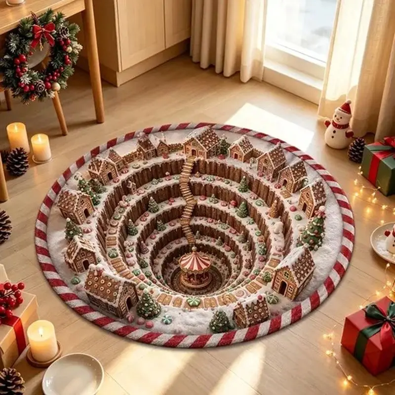 VIKAMA 3D Snowman Round Rug, Winter Scene Cut Out Illusion Circle Carpet Mat, Blue Patchwork Edge Holiday Floor Mat