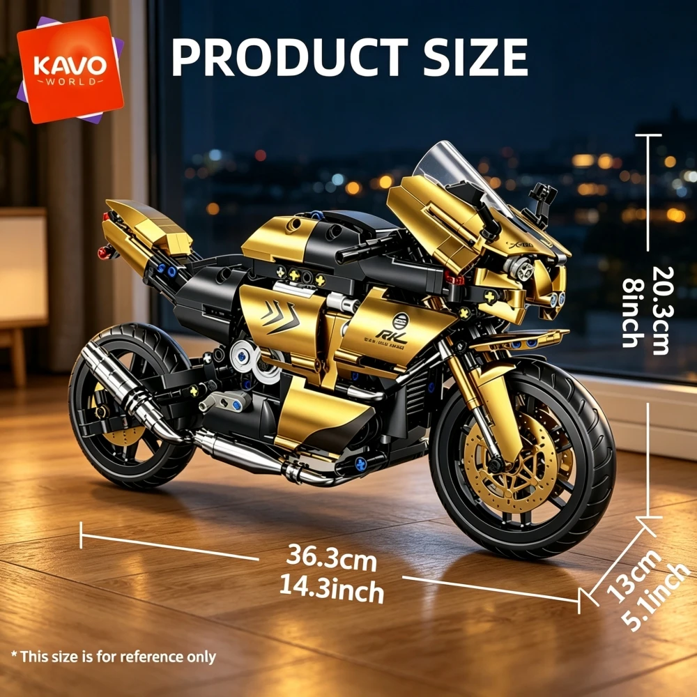 KAVOWORLD 703pcs Black Gold Racing Motorcycle Building Blocks Set 1:10 Scale DIY Sport Bike Assembly Mechanical Brick Model Kit Toy with Working Steering Rear Suspension Collectible Display Hobby Gift for Adults Teens Men Halloween Christmas New Year Gift