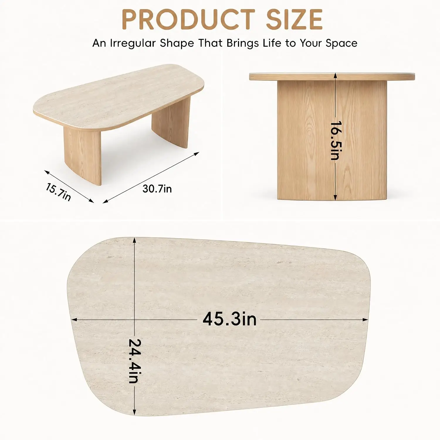 Sintered Stone Coffee Table, Natural Wood Look Base, Modern Sculptural Design, Living Room Center Table, Customized