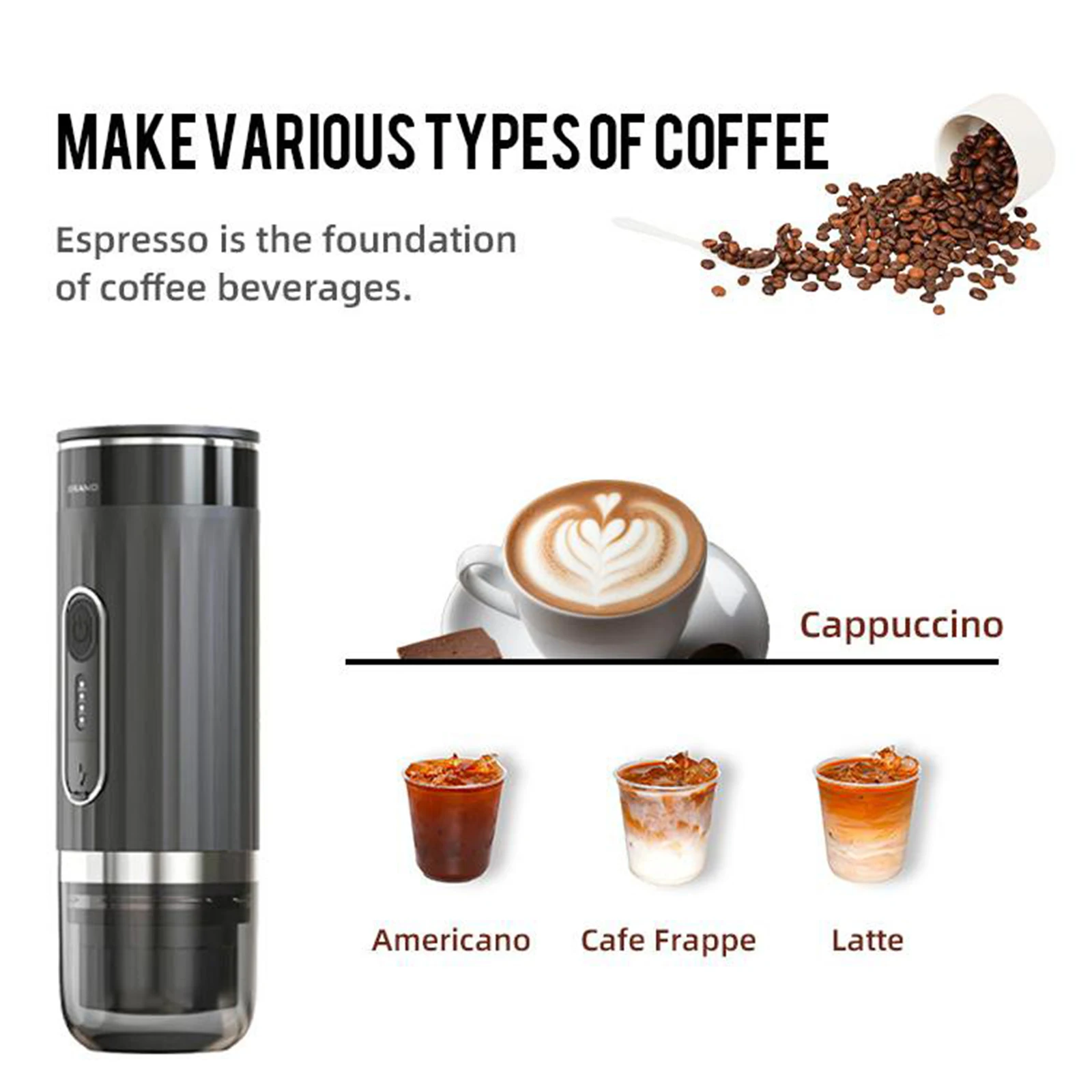 Portable Espresso Machine 3-in-1 Wireless Coffee Maker Compatible w/ Capsules Ground Coffee Electric Espresso Machine for Car