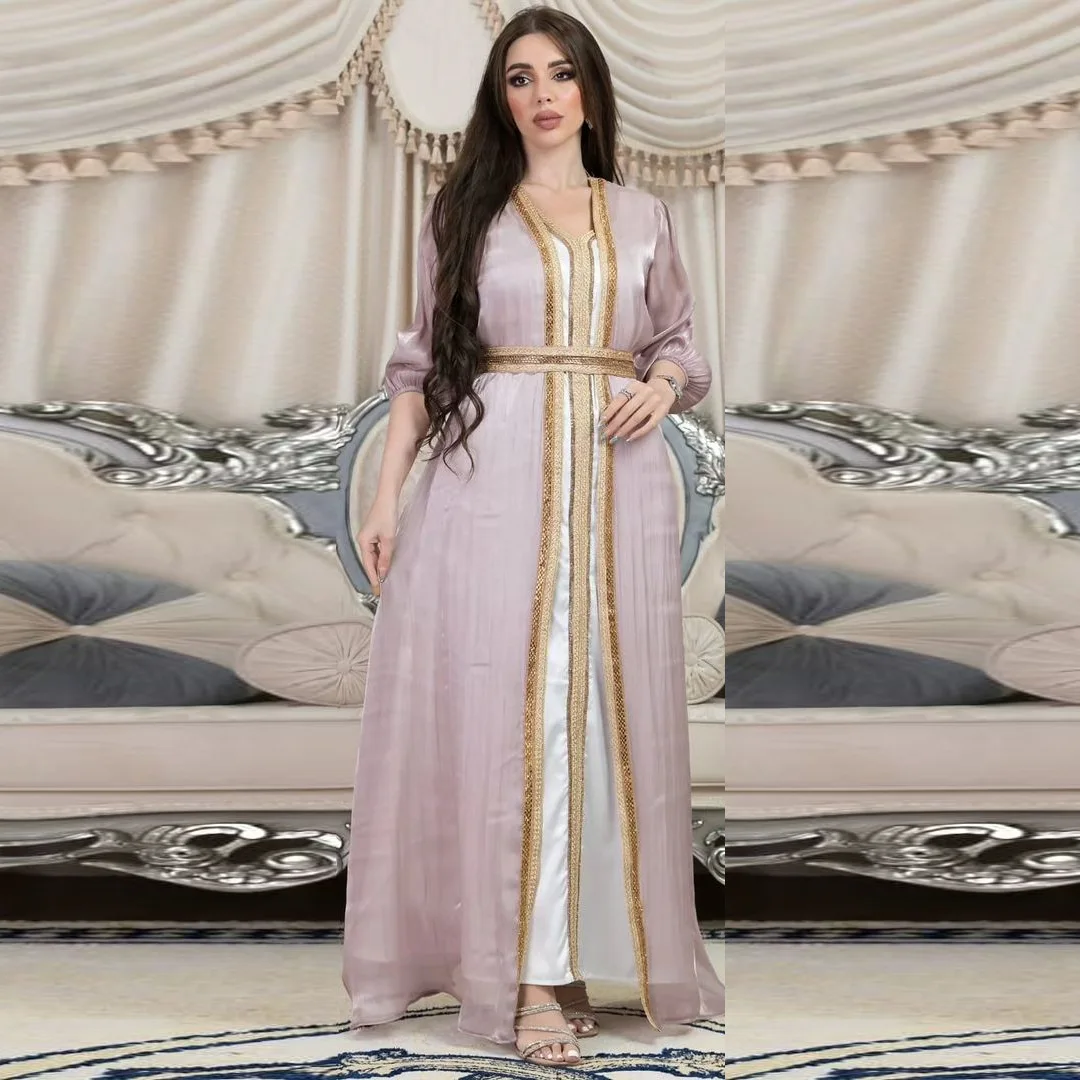

Luxury Evening Dress Women Abaya 3 Piece Sets Satin Middle East Dubai Arab Long Dresses Set Eid 3pcs Islam Clothing Hijab Robe