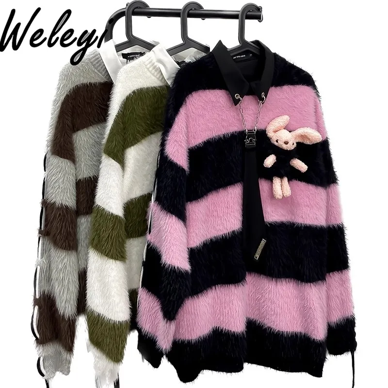 Super Cute Three Dimensional Rabbit Pullover Sweater Men and Women Streetwear New Winter Tops Loose Retro Striped Couple Sueters