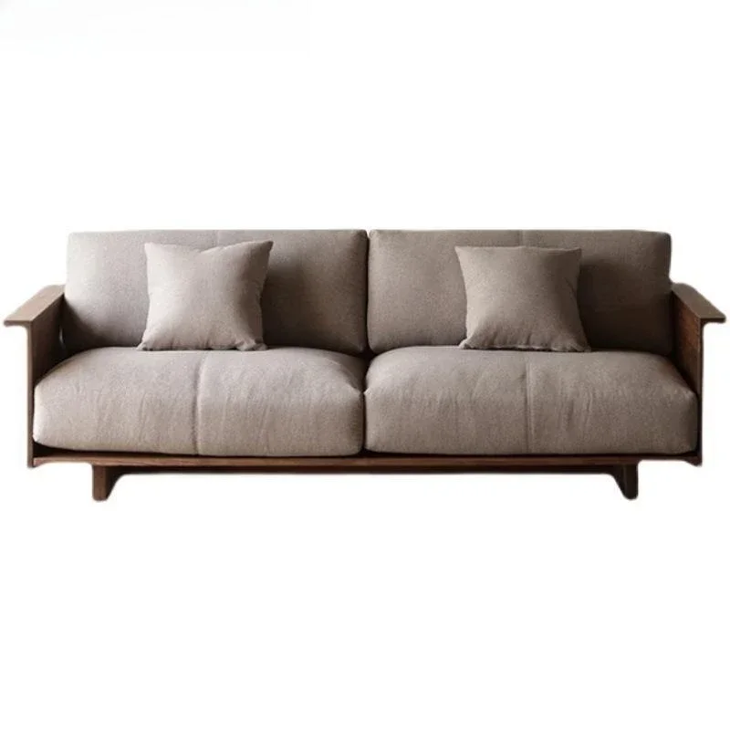 

Nordic black walnut solid wood fabric sofa small apartment simple Japanese three-person cherry wood living room home sofa