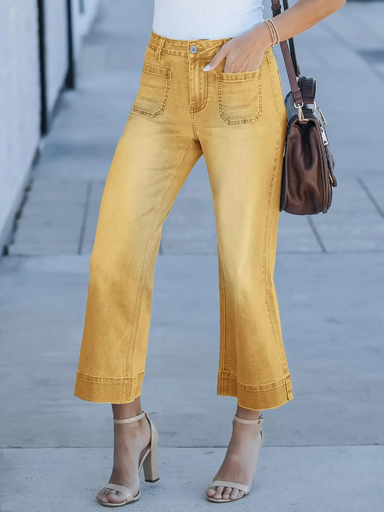 

Women's Straight Leg Casual Jeans - Yellow 3/4 Length Denim Pants for Effortless Style