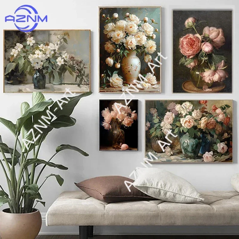 

1 шт. Безрамная винтажная картина с букетом розовых роз, скандинавские цветы, натюрморт, масляная живопись, печатный постер, холст, настенное искусство, изображение