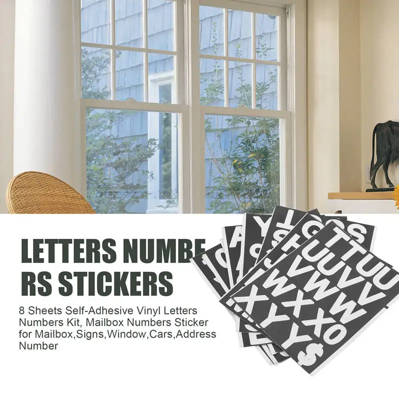 8 Sheets Self-Adhesive Vinyl Letters Numbers Kit, Mailbox Numbers Sticker For Mailbox,Signs,Window,Cars,Address Number