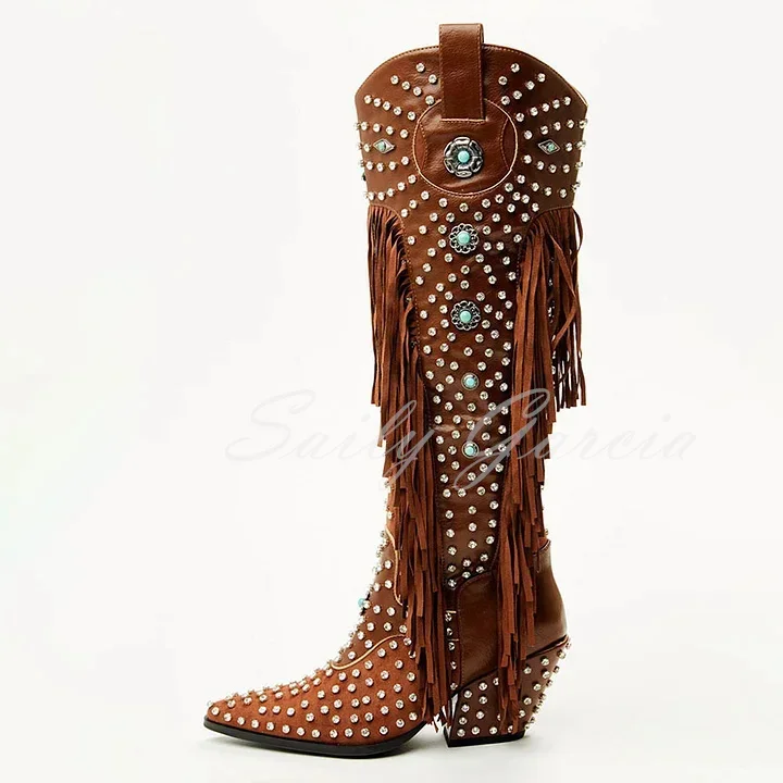 Brown Rhinestone Embellished Chunky Heel Fringe Cowgirl Boots Pointy Toe High Heel Side Zipper Ladies Western Knee High Boot
