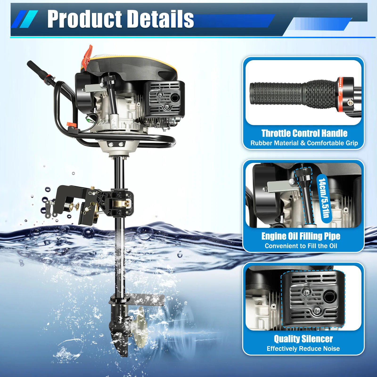 

225cc 4 Stroke 4.3kw Outboard Motor 70cm Shaft Universal Fit for Inflatable Fishing Boats Aquaculture Exploration Durable Engine